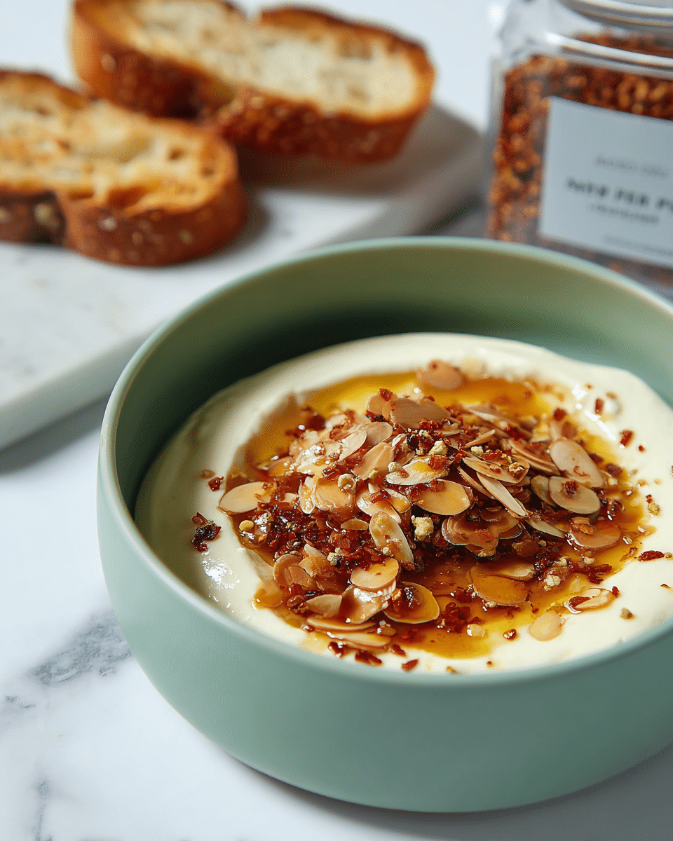 A dish in a light green bowl with three visible layers: the bottom layer is smooth and creamy white, the middle layer is a shiny amber-colored sauce, and the top layer is a pile of toasted sliced almonds mixed with red pepper flakes and sea salt. Behind the bowl, there are two pieces of toasted bread with a golden-brown texture placed on a white marbled surface. In the foreground, there is a clear container labeled crushed red pepper, slightly out of focus. The photo taken with an iphone --ar 4:5 --v 7