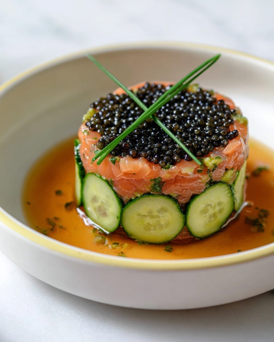 In a white shallow bowl on a white marbled surface, there is a round layered dish with three distinct layers. The bottom layer consists of thin, circular slices of cucumber arranged evenly in a ring, showing light green with darker green edges and seeds. The middle layer is a thick round mound of salmon tartare, showing a mix of light orange and pink with some small green herb bits. The top layer is a dense, even covering of small shiny black caviar pearls. On top of the caviar, two long green chives are crossed. Around the cucumber slices, there is a glossy amber-brown sauce pooling inside the bowl. Photo taken with an iphone --ar 4:5 --v 7