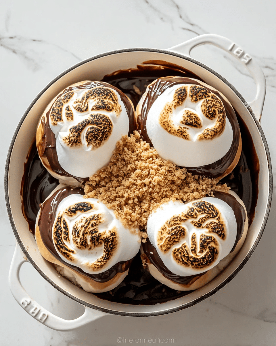 The dish shows five soft, round buns placed closely in a white round pan with a visible handle. Each bun is topped with a thick, glossy layer of dark chocolate spread, over which sits a toasted white marshmallow with brown grill marks. The marshmallows have a fluffy texture and are slightly melted around the edges. In the center, over the space between the buns, there is a small pile of light brown crumbly pieces, likely crushed graham crackers. The pan rests on a white marbled surface, giving a clean and bright look. photo taken with an iphone --ar 4:5 --v 7