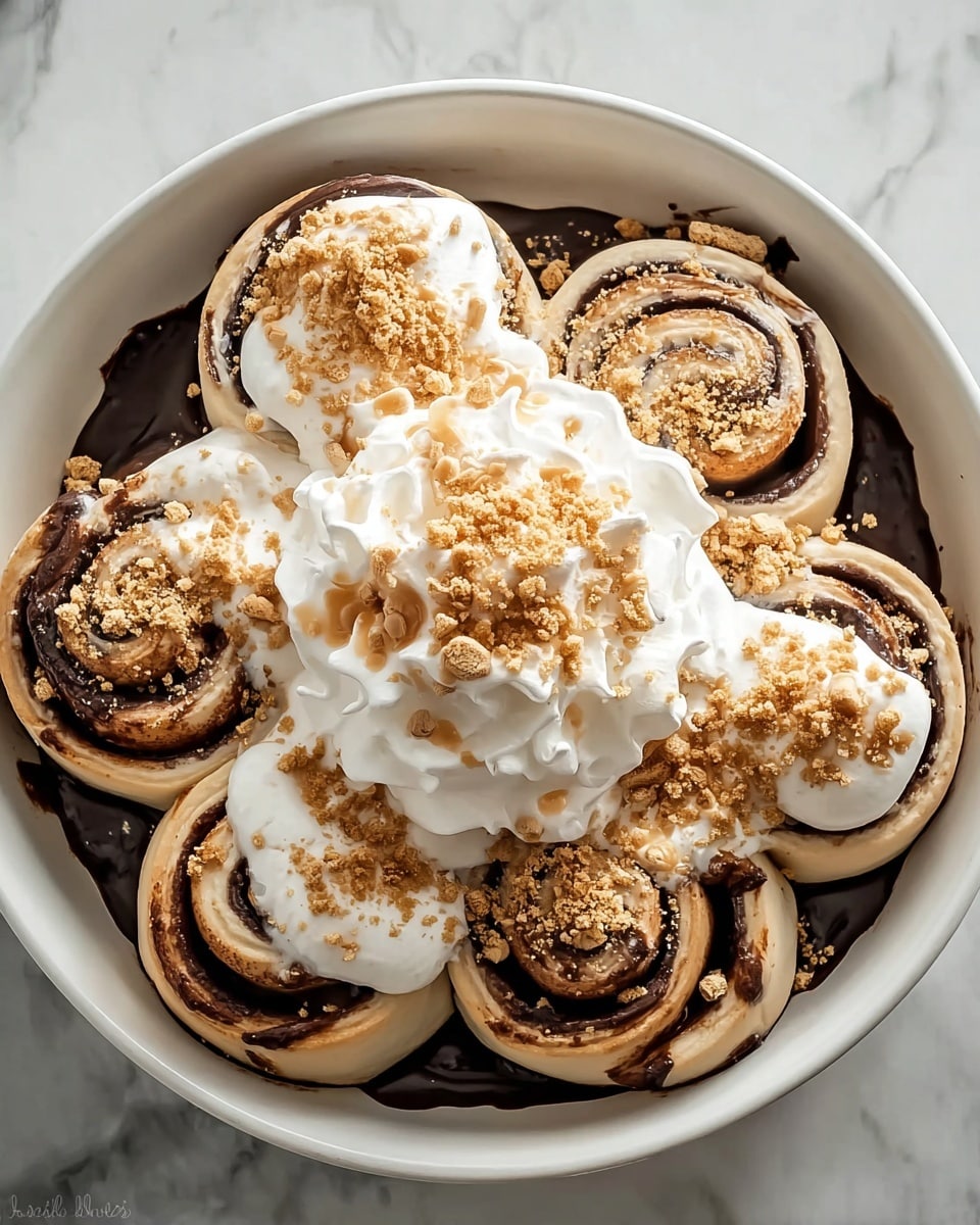 A round white bowl filled with six cinnamon rolls arranged in a circle, each roll showing a soft beige dough base with swirls of dark chocolate and white toasted marshmallow topping on top, creating a contrast of smooth and slightly toasted textures; in the center, there is a large dollop of fluffy white whipped cream sprinkled with light brown graham cracker crumbs, all sitting on a dark chocolate layer that lines the bottom of the bowl, set on a white marbled textured surface. photo taken with an iphone --ar 4:5 --v 7