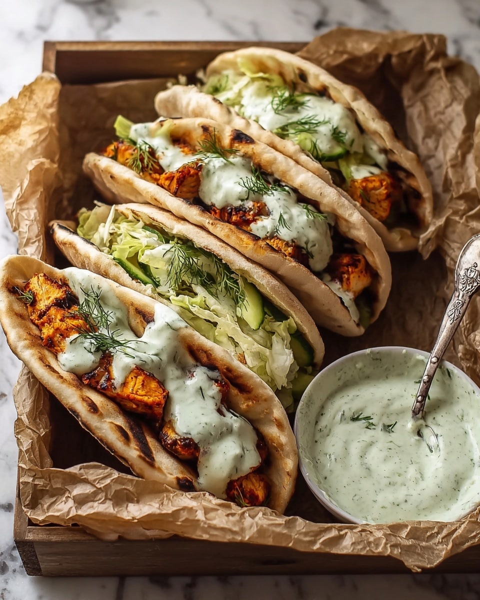 Three pita sandwiches are packed with several layers inside: the bottom layer consists of small, charred, orange-brown grilled chicken pieces, followed by thin, pale-green cucumber slices. On top of that is a layer of light green shredded lettuce mixed with fresh dill sprigs. The sandwiches are drizzled with a creamy white sauce with green herb flecks. To the bottom right of the sandwiches is a small white bowl filled with more of the creamy sauce, with a silver spoon resting inside. The sandwiches sit on crumpled brown parchment paper inside a wooden box placed on a white marbled surface. photo taken with an iphone --ar 4:5 --v 7