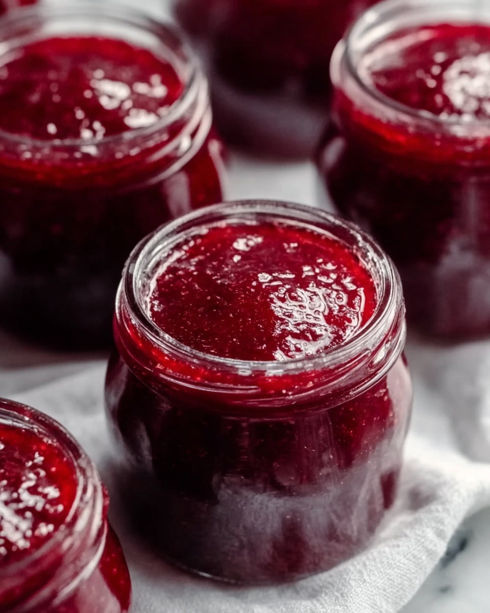 The image shows several small clear glass jars filled with a thick, deep red jam with a glossy, slightly chunky texture. The jam fills each jar up to the neck, with a smooth surface that catches the light. The jars are arranged close together on a soft white cloth, which rests on a white marbled surface. The rich red color of the jam contrasts vividly with the white background and cloth. photo taken with an iphone --ar 4:5 --v 7