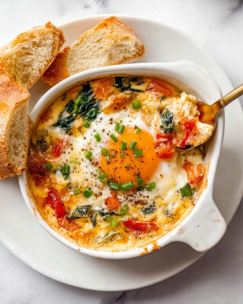 The image shows four white round ramekins filled with baked egg dishes, all placed in a beige baking tray on a white marbled surface. Each ramekin has a smooth, bright white cooked egg white layer with a soft, pale pink yolk in the center. Surrounding the eggs are colorful layers of cooked vegetables including red cherry tomatoes, green spinach leaves, and small bits of orange and red bell peppers, with slightly browned edges. The vegetables look mixed into a creamy, light orange sauce that fills the base of each ramekin, with some slight bubbling and slight char on the sides. The overall look is warm, fresh, and vibrant. Photo taken with an iphone --ar 4:5 --v 7