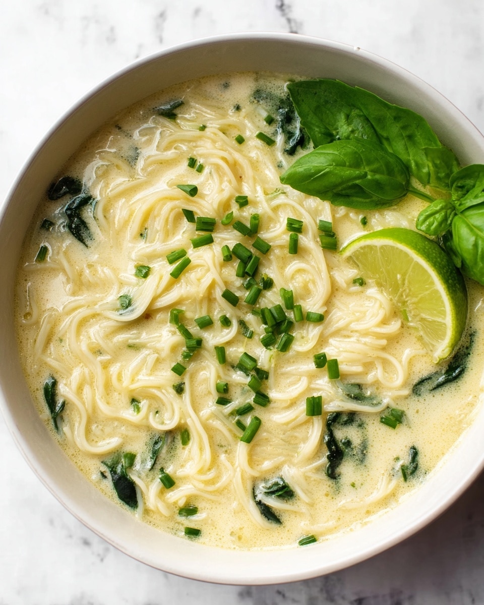 The image shows a shallow white bowl filled with creamy light yellow soup with thin noodles submerged and partly layered on top, giving a soft, tangled texture. Dark green spinach leaves are scattered inside the soup, adding contrast, while small chopped green chives are sprinkled over the surface. A fresh, bright green basil leaf cluster and a pale yellow lime wedge sit on one side of the bowl, adding color and freshness. The bowl is placed on a white marbled surface, visible around the edges. Photo taken with an iphone --ar 4:5 --v 7