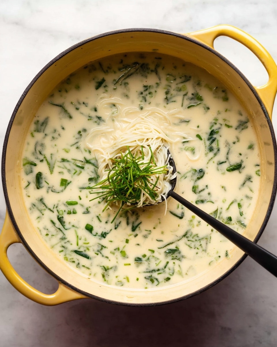 A large yellow pot filled with creamy white soup that has green leafy herbs and chopped green onions mixed evenly throughout. In the center, a black ladle holds a small bundle of thin, white noodles with some green herbs on top. The pot rests on a white marbled surface, and the overall scene is bright and inviting. photo taken with an iphone --ar 4:5 --v 7