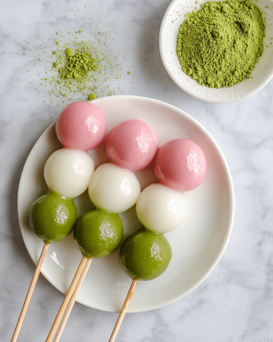 Three skewers each have three round, shiny dumplings, arranged in a row on a white plate placed on a white marbled texture. Each skewer has layers of colors from top to bottom: pink, white, and green. The pink dumplings are smooth and glossy, the white dumplings are similarly shiny and clean-looking, and the green dumplings have a vibrant, smooth surface. To the side of the plate is a small white bowl filled with bright green powder, with some of the powder scattered around on the white marbled texture. Photo taken with an iphone --ar 4:5 --v 7