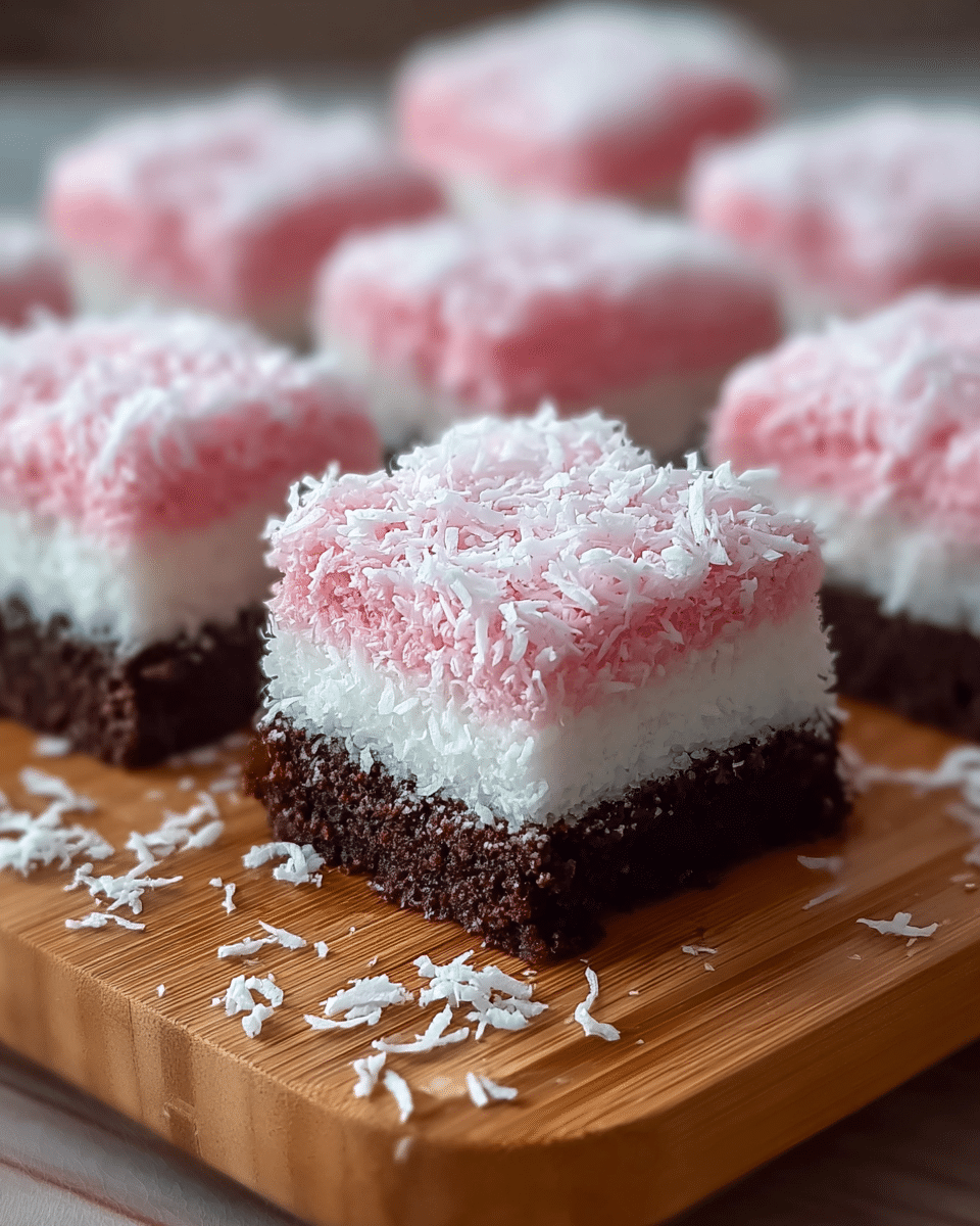The image shows a close-up of square dessert pieces arranged on a wooden board. Each piece has three clear layers: the bottom layer is dark brown and looks moist and crumbly like chocolate cake, the middle layer is thick and white with a smooth texture, and the top layer is light pink, fluffy, and covered with white shredded coconut flakes that add texture and softness. The pieces are cut evenly and closely placed together, with some shredded coconut scattered on the board. The photo taken with an iphone --ar 4:5 --v 7