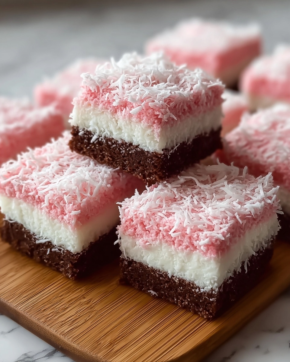 A close-up view of seven square dessert pieces arranged closely on a wooden board with a white marbled background. Each piece has three distinct layers: a dark brown bottom layer that looks soft and moist, a white middle layer that appears creamy and slightly dense, and a pink top layer covered with white shredded coconut giving it a rough texture. One piece is placed on top of the others, showing the clean layer separation and the light, fluffy texture of the pink and white layers. The overall look is colorful with clear contrasts between the dark, white, and pink layers, and the shredded coconut adds a delicate finish. Photo taken with an iphone --ar 4:5 --v 7