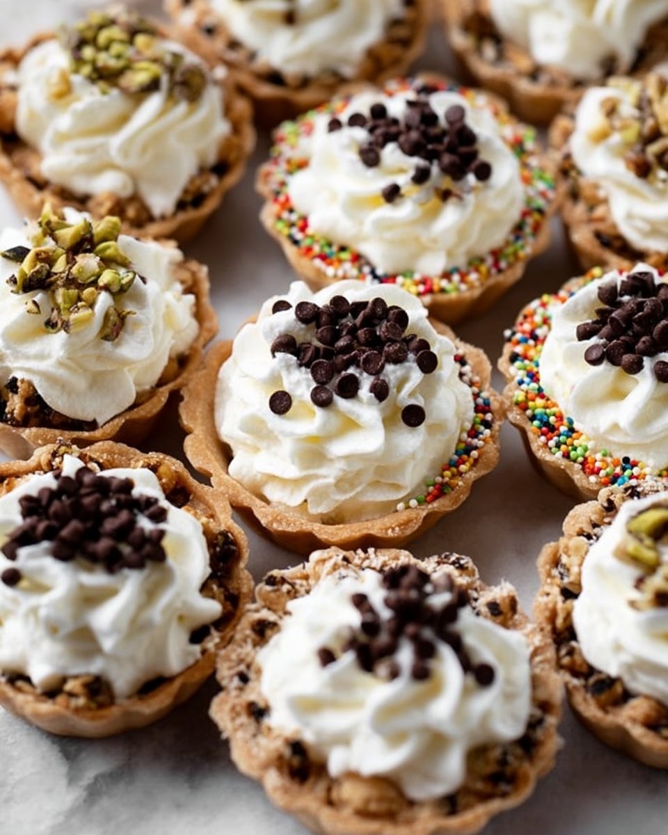 The image shows many small tartlets filled with white whipped cream, each tartlet having a light brown crust. Some tartlets are decorated with tiny dark brown chocolate chips on top of the cream, while others have colorful round sprinkles or small chopped nuts such as pistachios or toasted coconut around the edges of the crust. The tartlets are arranged closely together on a surface with a white marbled texture, giving a fresh and bright look. The creamy texture on top is soft and swirled, contrasting with the crunch of the crust and decorations. photo taken with an iphone --ar 4:5 --v 7