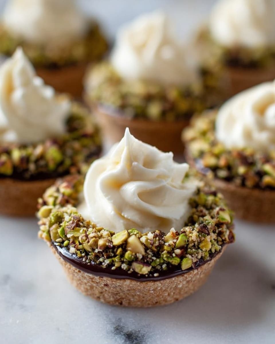 This image shows small tartlets arranged on a white marbled surface. Each tartlet has a base layer of light brown crust, then a thick, dark chocolate layer on top of the crust. Around the edge of the chocolate layer, there is a ring of finely chopped green and light brown nuts, likely pistachios, creating a textured border. On top of the chocolate and nuts is a generous swirl of smooth, creamy, white frosting or whipped cream that is slightly peaked in the center. The tartlets are closely grouped, with one tartlet in clear focus at the center of the image and the others softly blurred in the background. Photo taken with an iphone --ar 4:5 --v 7