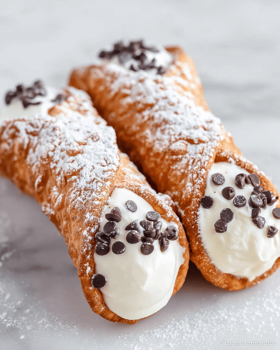 Two cannoli rest side by side on a smooth white marbled surface, each with a golden-brown fried shell dusted thickly with white powdered sugar. The shells are shaped like tubes, filled with bright white creamy ricotta filling that slightly overflows at the ends. One end of each cannoli is decorated with small dark brown chocolate chips, contrasting nicely with the white cream. The texture of the shells is crisp and rough, while the filling looks smooth and soft. photo taken with an iphone --ar 4:5 --v 7