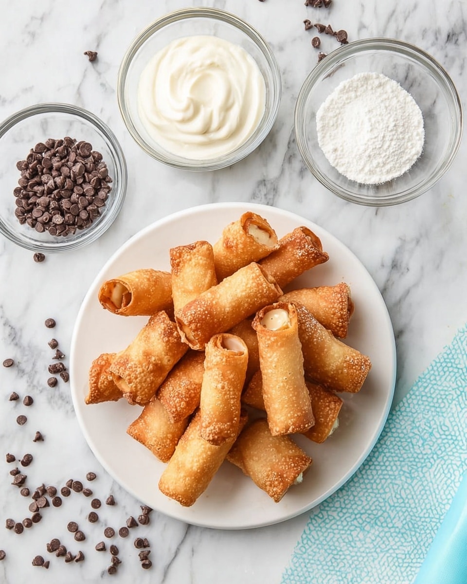 A white plate holds about fifteen golden-brown, hollow and crispy fried pastries, each shaped like small rolled tubes with a slightly rough, bubbly texture. Above the plate on a white marbled surface, there are three glass bowls arranged in a triangle: one filled with smooth, white creamy filling, one with white powdered sugar, and one with small dark chocolate chips. Scattered chocolate chips are nearby on the surface. A light blue pastry bag and a white, patterned cloth are placed to the right side of the image. Photo taken with an iphone --ar 4:5 --v 7