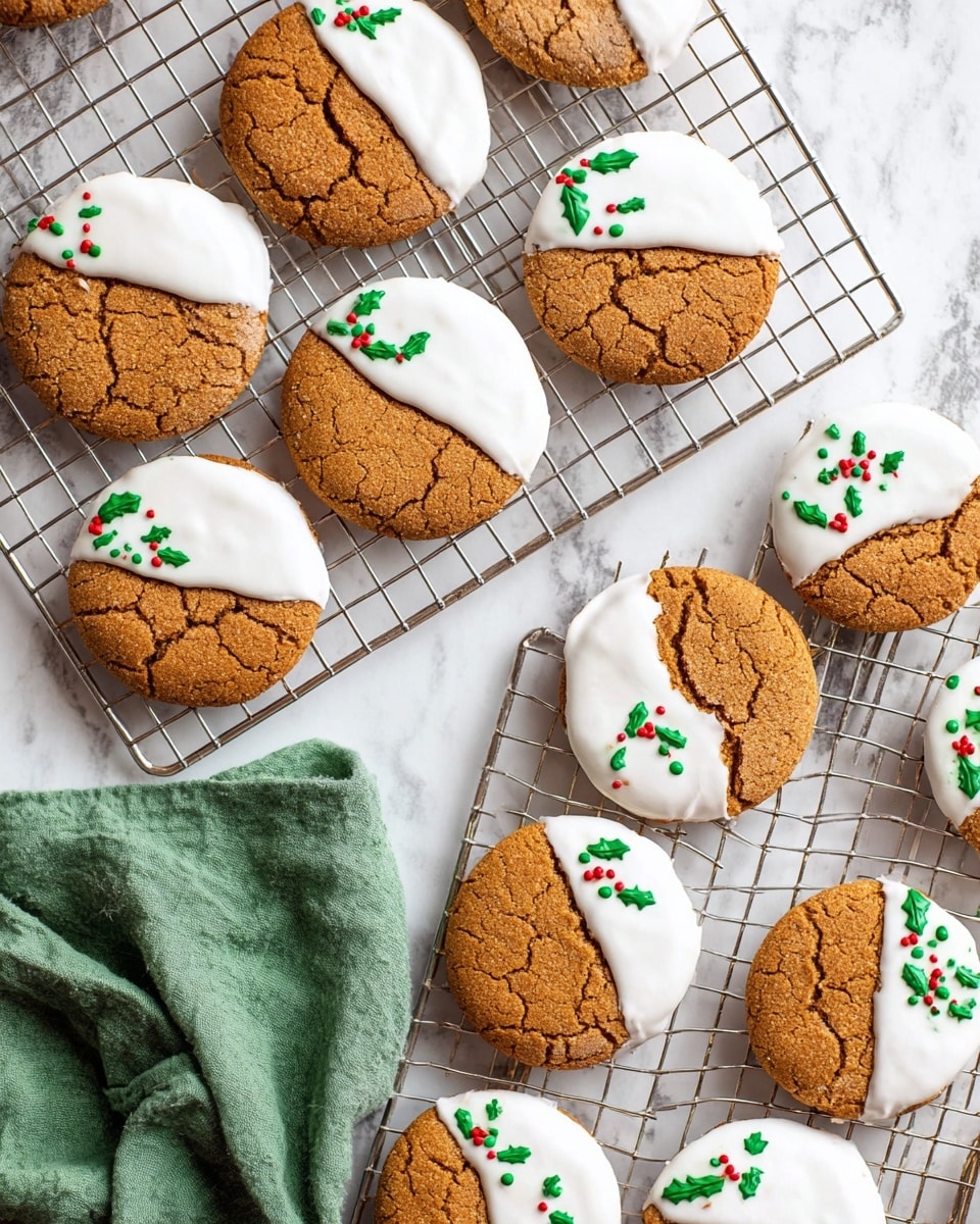 Round ginger cookies are arranged on two metal cooling racks placed on a white marbled surface. Each cookie has two main layers: the bottom layer is golden brown with a cracked, slightly rough texture, while the top half is smoothly coated in white icing that covers about half of each cookie diagonally. Small green holly leaf decorations and red berry dots made of icing are placed near the boundary where the white icing meets the brown cookie, adding a festive touch. There is a green cloth casually placed on the lower left side of the image. Photo taken with an iphone --ar 4:5 --v 7
