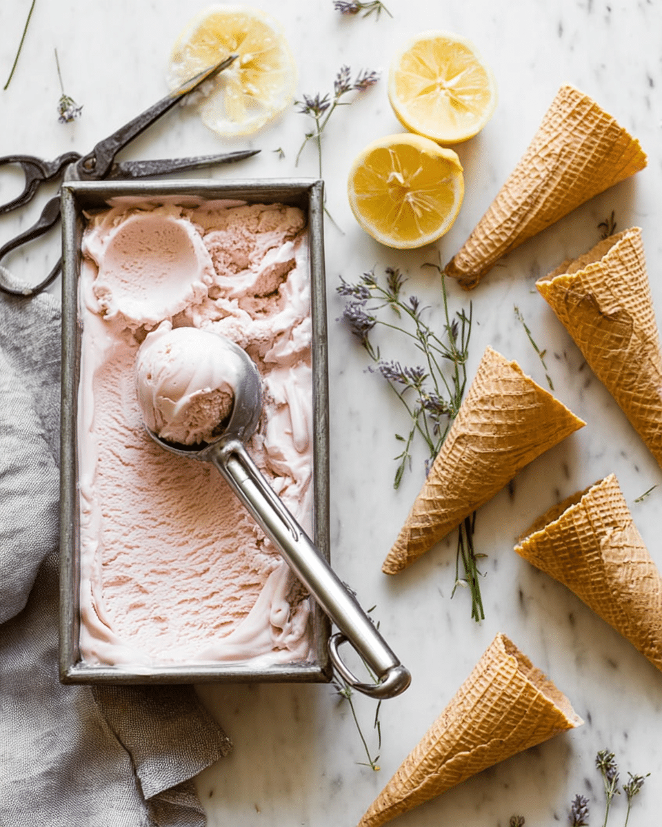 The image shows three waffle cones with two scoops of light pink ice cream each, placed in clear textured glasses on a white marbled surface; two cones stand upright in the glasses, while the third lies on its side in the foreground, with a small piece of ice cream fallen nearby. The ice cream has a smooth, creamy texture with a few small soft ridges, and each cone is topped with tiny purple flower sprigs. In the background, there are half-cut lemons, a glass pitcher, and a vase with vivid purple flowers, all set against a soft gray wall. Photo taken with an iphone --ar 4:5 --v 7