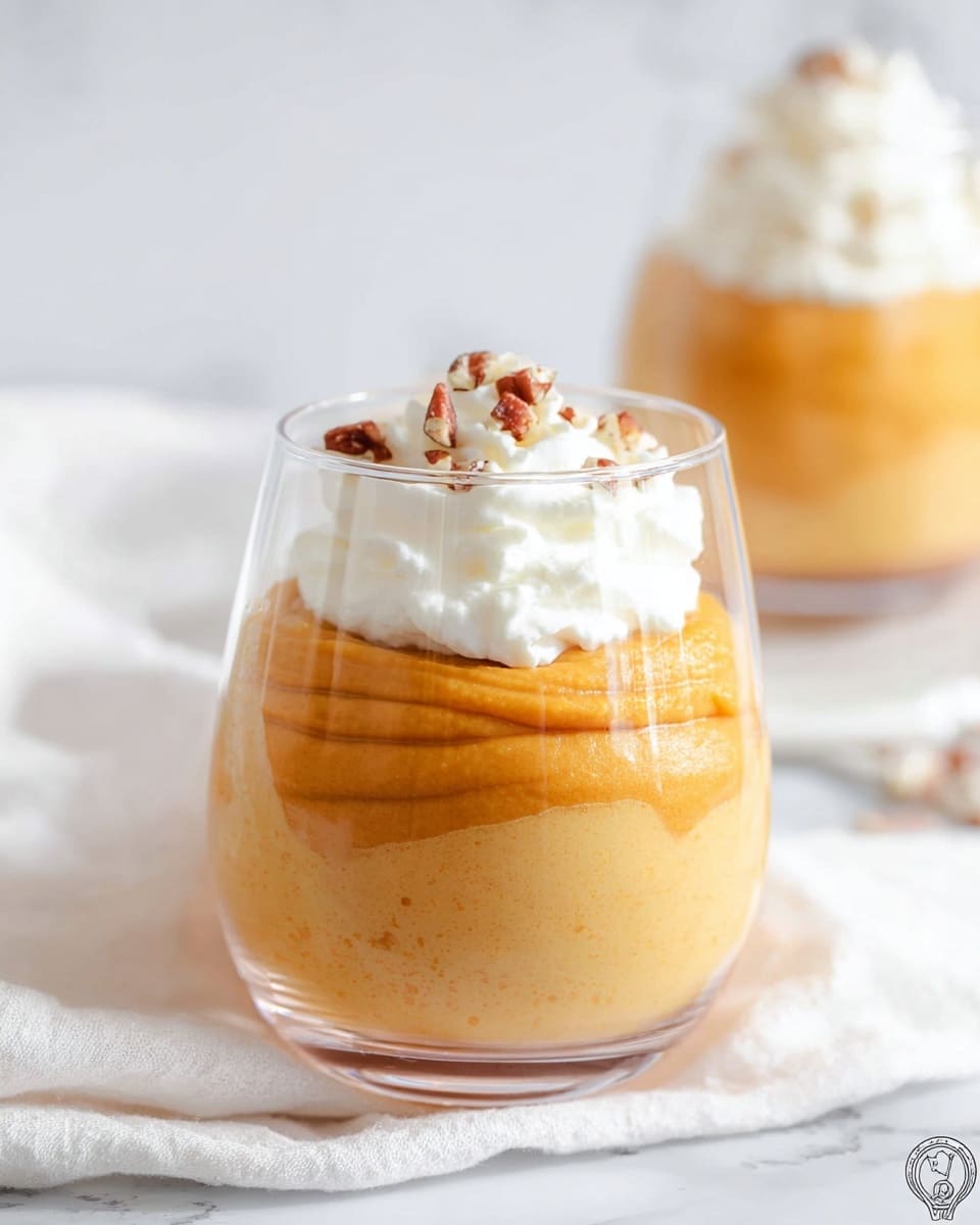 A clear glass holds three visible layers: the bottom two layers are smooth and creamy with a rich light orange color that looks like pumpkin or sweet potato puree, showing soft swirls and a thick texture. The top layer is a fluffy white whipped cream dollop, slightly uneven and textured, sprinkled with small chopped pecans that add a light brown crunch contrast. The glass sits on a soft white cloth, set on a white marbled surface with a bright and clean background. In the background, another similar glass is softly blurred, showing the same layers. photo taken with an iphone --ar 4:5 --v 7