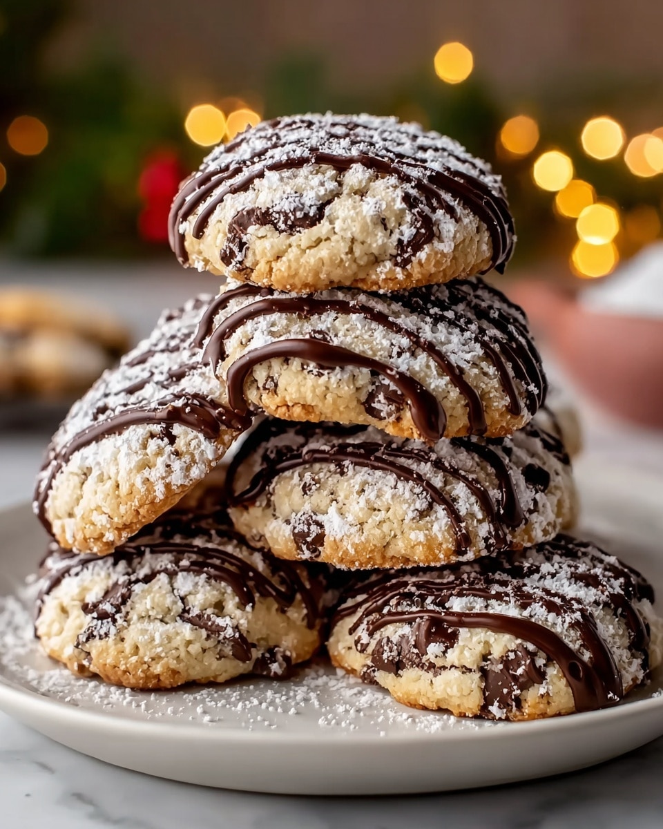 A stack of five round cookies is arranged on a white plate, each cookie showing a soft, slightly crumbly texture with visible chunks of chocolate within. The cookies are golden-brown with a rough surface, dusted generously with white powdered sugar that contrasts with the dark, smooth chocolate drizzle crisscrossing over the top. The cookies are stacked in a pyramid shape with three at the bottom, one in the middle, and one on top, highlighting their thick, dense look. The background features warm, blurry lights with a white marbled texture surface beneath the plate. photo taken with an iphone --ar 4:5 --v 7