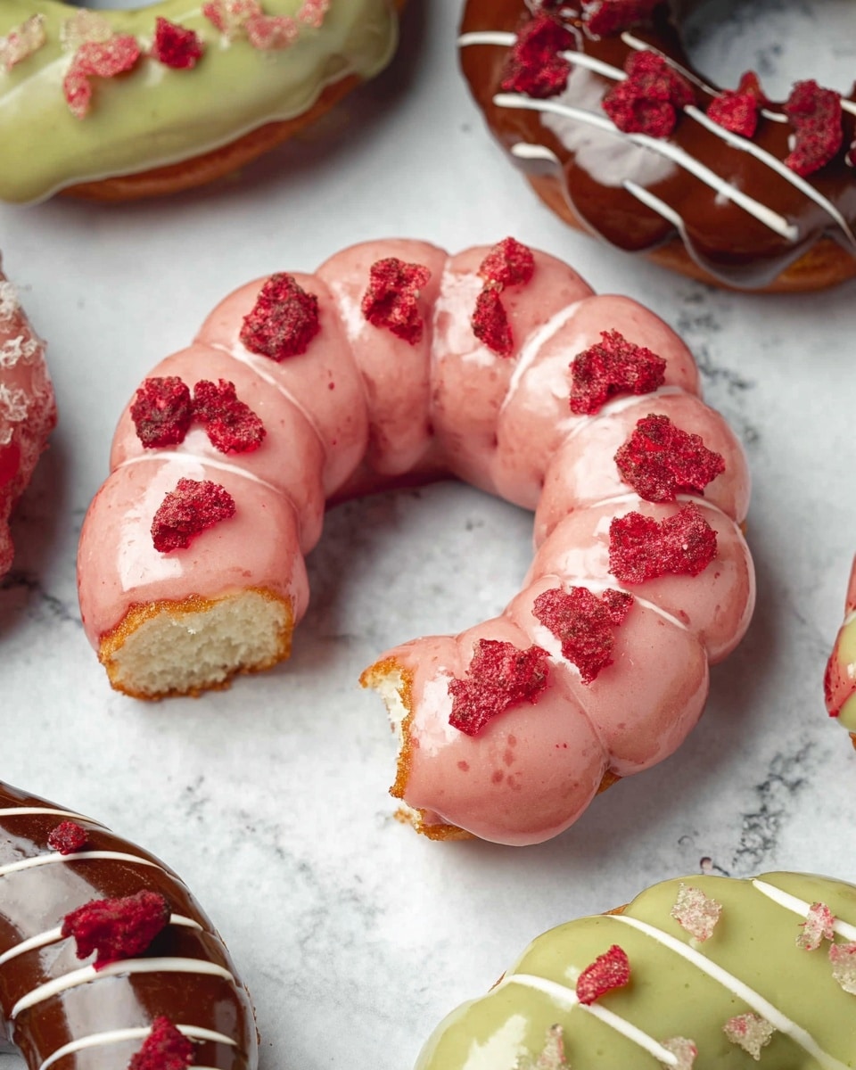 The image shows a close-up of a pink glazed donut shaped like a ring made of eight round segments, with two bites taken out revealing soft, white inside. This donut has a smooth pink icing layer covering the top and sides, decorated with thin white drizzle lines and small pieces of crushed bright red dried strawberries scattered on top. The donut rests on a white marbled surface, surrounded by other donuts partially visible, including a green glazed one with white drizzle and crumbs, and a chocolate-glazed one with white drizzle. photo taken with an iphone --ar 4:5 --v 7
