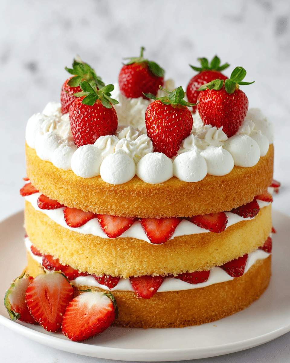 A three-layer vanilla sponge cake with each layer separated by white whipped cream and red sliced strawberries, showing a neat even pattern around the edge. The top of the cake has large dollops of white whipped cream arranged in a circle, each holding a whole bright red strawberry with green leaves, adding height and texture. The cake sits on a white plate against a white marbled background, with two strawberry halves resting on the plate in the front. The overall look is fresh and inviting with soft, smooth cream and moist golden cake layers. photo taken with an iphone --ar 4:5 --v 7