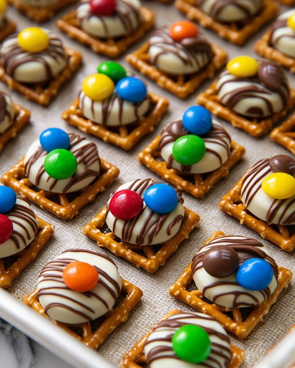 The image shows many small square pretzels forming the base layer in a light brown shade with a crisp texture. On top of each pretzel is a round, white chocolate piece with dark brown stripes running across it, creating the second layer. The top layer consists of colorful candy-coated chocolate pieces in red, green, blue, yellow, and orange sitting at the center of the white chocolate. The snacks are arranged closely together on a baking tray with a white marbled texture visible at the edges. photo taken with an iphone --ar 4:5 --v 7