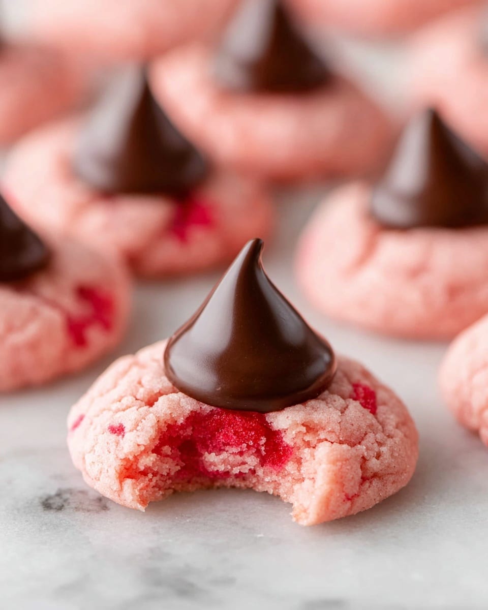 The image shows pink cookies with a soft, crumbly texture scattered on a white marbled surface. Each cookie has a thick, round base made of pink dough with small red bits inside, giving it a slightly uneven look. In the center of every cookie, there is a large, glossy, dark brown chocolate drop shaped like a teardrop standing upright. One cookie in the front has a bite taken out of it, revealing the soft inside and red pieces embedded in the dough more clearly. The background is softly blurred, focusing on the cookie with the bite. photo taken with an iphone --ar 4:5 --v 7
