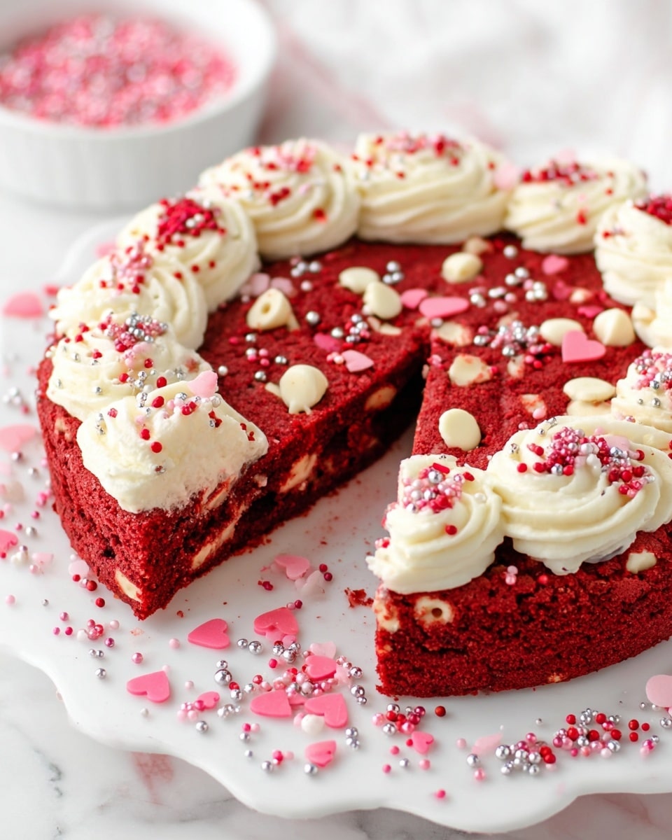 A round red velvet cookie cake with two visible layers: a thick base layer of moist red velvet cookie dough embedded with white chocolate chips, topped with white cream swirls forming a ring close to the edge. The cream swirls are decorated with pink, red, and silver small sprinkles and heart-shaped candy pieces. A slice is cut out, showing the inside texture of the cookie with white chips. The cake sits on a white plate with a scalloped edge, scattered with pink and silver sprinkles around the base, placed on a white marbled surface. In the background, a white bowl filled with pink and red sprinkles is slightly blurred. photo taken with an iphone --ar 4:5 --v 7