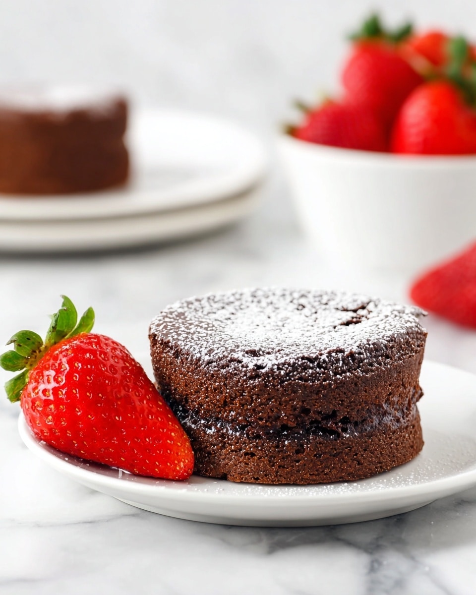 The image shows a single round chocolate cake with two layers stacked, the bottom one being slightly denser and lighter brown while the top layer is darker and fudgy with a cracked surface dusted evenly with powdered sugar. Next to the cake on the left side is a fanned, bright red strawberry with a green stem. The cake and strawberry are placed on a white plate lying on a white marbled surface. In the blurred background, another chocolate cake is slightly visible on the left, and a white bowl filled with fresh red strawberries sits on the right. photo taken with an iphone --ar 4:5 --v 7