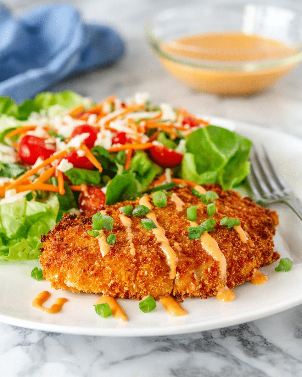 A crispy, golden-brown breaded chicken breast with a crunchy texture sits on a white plate, drizzled with thin lines of light orange sauce and topped with small green chive pieces. Behind it, a fresh salad of bright green lettuce leaves, shredded orange carrots, and red tomato chunks topped with white cheese bits adds vibrant colors. The plate is on a white marbled surface with a slightly blurred glass bowl of light orange sauce in the background and a silver fork resting on the plate's edge. photo taken with an iphone --ar 4:5 --v 7