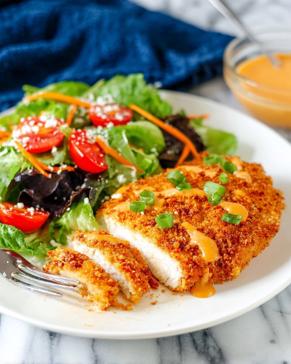 A white plate on a white marbled surface holds a breaded chicken breast, sliced to show its white juicy inside. The chicken is covered with a golden brown and crispy crust topped with a drizzle of light orange sauce and small green onion pieces. Next to the chicken is a fresh salad made of dark green lettuce, bright orange shredded carrots, red tomato chunks, and sprinkled with small white cheese crumbles. A silver fork on the left side of the plate holds a bite of the breaded chicken. In the background, a small glass bowl with light orange sauce is slightly blurred. The plate rests on a dark blue cloth. Photo taken with an iphone --ar 4:5 --v 7