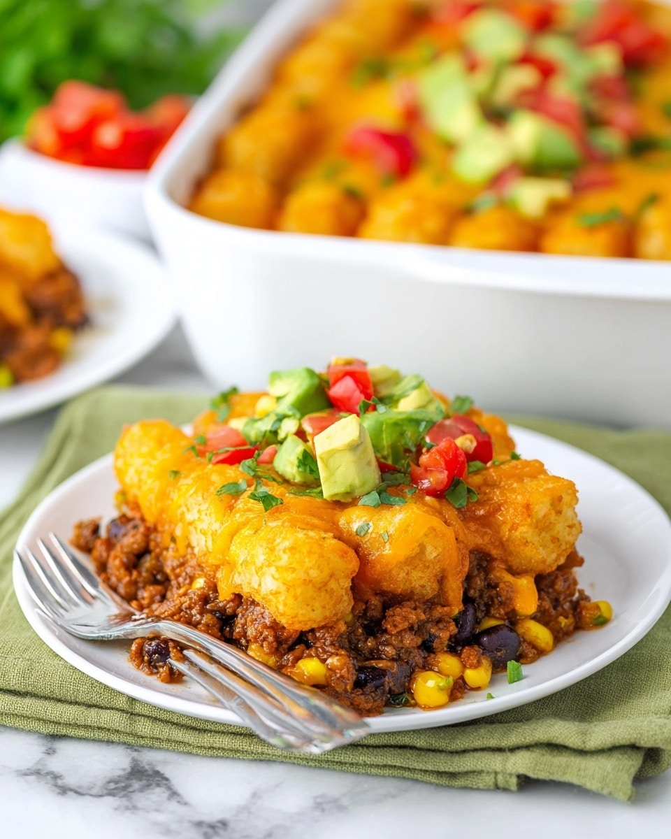A white plate holds a three-layered dish. The bottom layer is brown ground meat mixed with yellow corn and black beans. The middle layer is a melted orange cheese covering the meat. The top layer consists of golden, crispy tater tots arranged side by side, with small green avocado cubes and red tomato pieces scattered on top, along with some green herbs. The scene is set on a white marbled surface with a silver fork placed beside the plate and a green cloth napkin underneath. In the background, a white rectangular baking dish filled with the same food can be seen with blurred colors of red, yellow, and green. Photo taken with an iphone --ar 4:5 --v 7