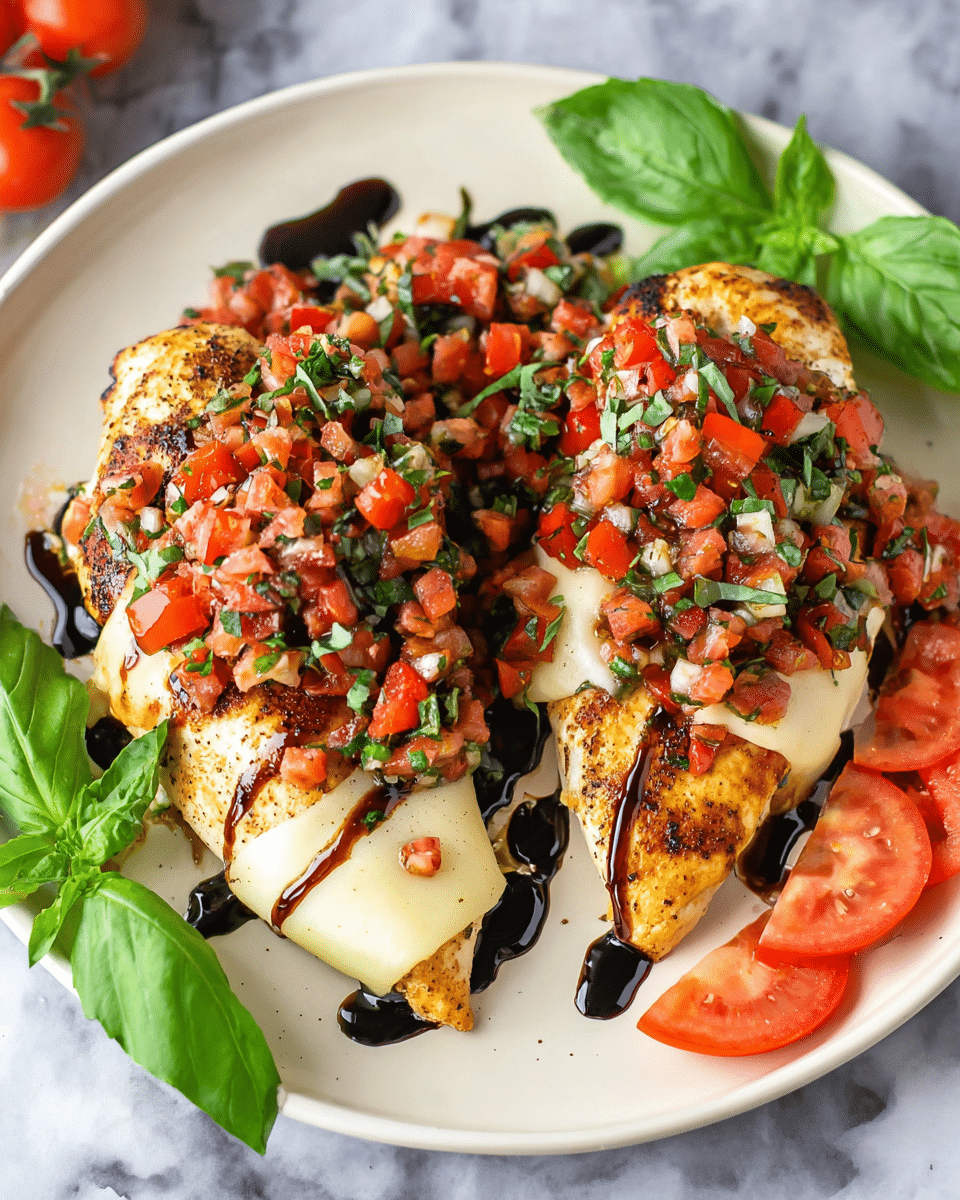 The image shows two grilled chicken breasts placed on a white plate, each topped with a layer of melted cheese with a smooth, pale yellow texture. On top of the cheese, there is a colorful fresh salsa made of small diced red tomatoes mixed with green basil leaves and bits of white garlic, giving a vibrant, chunky texture. Dark glossy balsamic glaze is drizzled over the salsa and chicken, adding contrast and shine. Around the plate, bright green basil leaves and slices of red tomato add a fresh and lively touch, all set against a white marbled textured background. Photo taken with an iphone --ar 4:5 --v 7