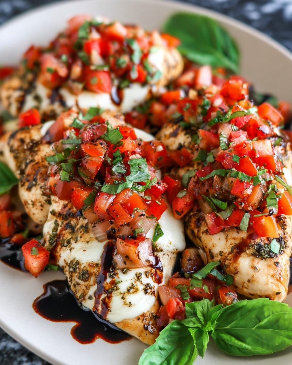 The dish shows three pieces of grilled chicken breasts seasoned with herbs, placed on a white plate, each piece topped with a slice of melted white cheese. Over the cheese, there is a colorful layer of diced red tomatoes mixed with small bits of green basil leaves and white garlic pieces. A glossy dark balsamic glaze is drizzled on top of the tomato mixture and chicken, adding a shiny contrast. Fresh green basil leaves are scattered around the chicken, all set against a white marbled surface background. photo taken with an iphone --ar 4:5 --v 7