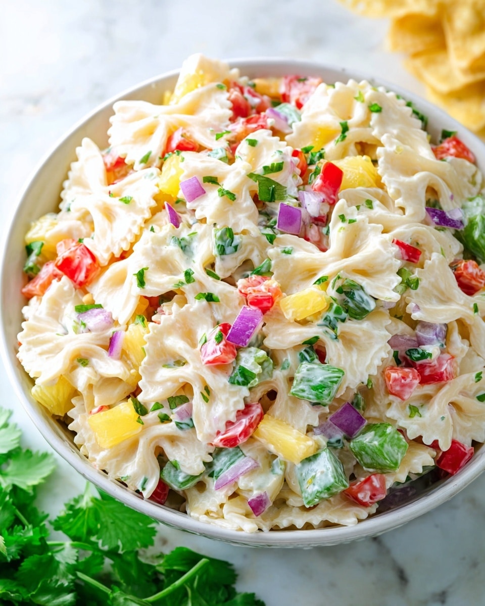 The image shows a close-up of a white bowl filled with a colorful pasta salad. The salad has one main layer of small bowtie-shaped pasta that is creamy white and smooth in texture. Mixed evenly throughout the pasta are small cubes of red bell pepper, green bell pepper, yellow pineapple, and purple-red onion, adding vibrant red, green, yellow, and purple colors. Small green herbs are scattered on top, giving fresh green spots. The bowl sits on a white marbled textured surface with some green cilantro leaves visible at the bottom left of the frame. photo taken with an iphone --ar 4:5 --v 7