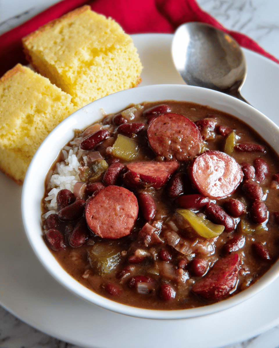 A white bowl filled with a rich, dark brown stew containing small red beans, thick slices of reddish-brown sausage, and pieces of green bell pepper, sitting over a layer of white rice that is barely visible beneath the stew. Next to the bowl on a white plate are two slices of golden yellow cornbread with a crumbly texture. A silver spoon rests near the bowl on the plate. The dish is placed on a white marbled surface with a red cloth partially visible. photo taken with an iphone --ar 4:5 --v 7