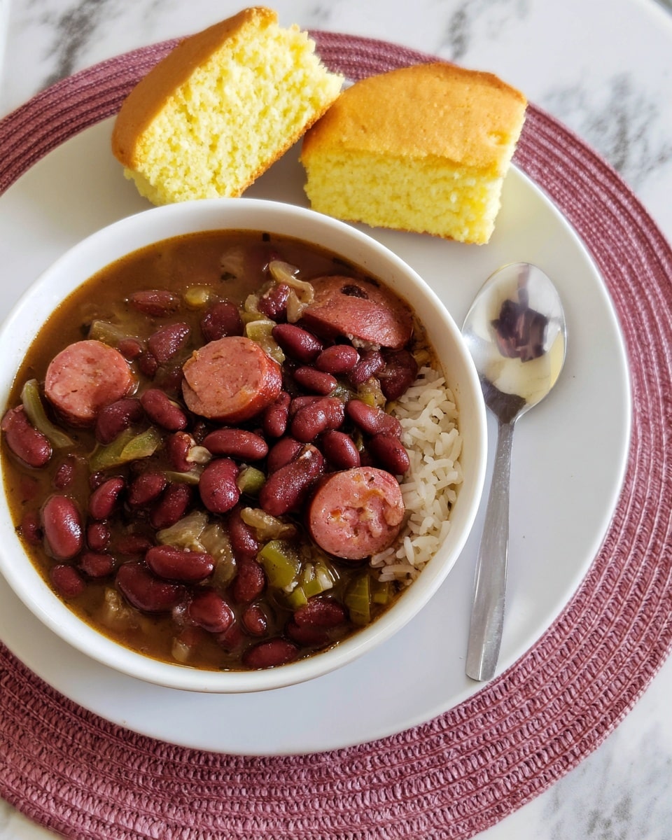 A white bowl filled with a stew of dark red kidney beans, sliced sausage pieces, and bits of green vegetables, sitting on top of white rice visible beneath the beans. The stew has a rich dark brown broth with a slightly glossy texture. Next to the bowl, on a white plate, are two halves of golden yellow cornbread with a soft, crumbly texture. A silver spoon rests beside the cornbread on the plate. The plate sits on a round pink woven placemat, laid on a white marbled surface. photo taken with an iphone --ar 4:5 --v 7