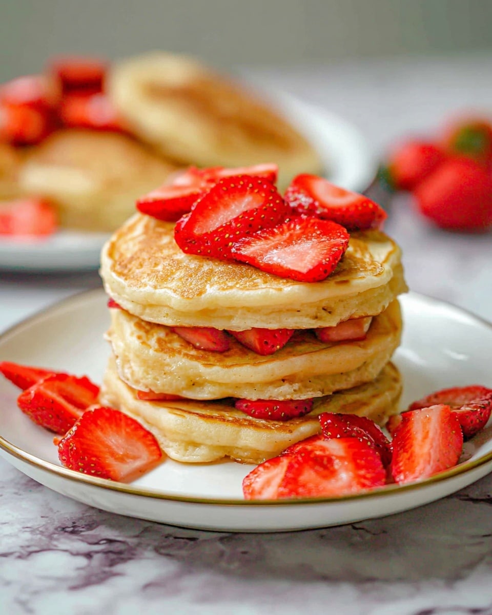 A stack of four thick, golden-brown pancakes sits centered on a white plate with a thin gold rim, each pancake slightly fluffy with a soft texture. Between each pancake layer, there are bright red strawberry slices peeking out, and on the top pancake, more fresh strawberry slices are scattered, adding a vibrant pop of color. Around the plate, additional strawberry slices are casually placed, enhancing the fresh, fruity look. The background is softly blurred but shows another white plate with pancakes and strawberries, placed on a white marbled surface. photo taken with an iphone --ar 4:5 --v 7