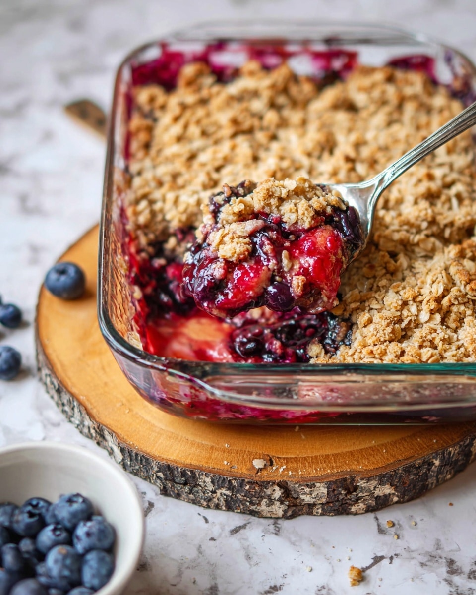 A close-up of a baked oat crumble in a clear glass rectangular baking dish, showing two main layers: the top layer is a golden-brown oat crumble with a rough, crumbly texture covering most of the surface, and the bottom layer is a glossy, deep red and purple mixed berry filling with visible whole berries and some juice leaking to the sides. A spoon is resting inside the dish, scooping some of the crumble and berry mix, revealing the layers clearly. The dish sits on a wooden round board with a bark edge, placed on a white marbled surface. Loose blueberries are scattered near the base of the board, and a small white bowl with some extra crumble and berry filling is partially visible at the bottom left. photo taken with an iphone --ar 4:5 --v 7