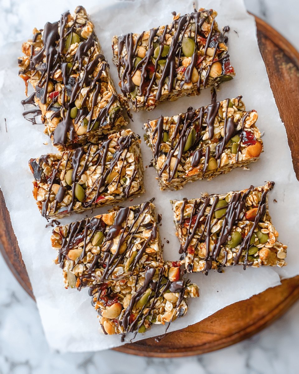 The image shows a close-up of several granola bars cut into square shapes placed on white parchment paper on a round wooden board with a white marbled surface underneath. Each granola bar has a textured top layer full of oats, puffed grains, pumpkin seeds, raisins, almonds, and pistachios in various shades of brown, green, red, and black. The bars have thin, dark chocolate lines drizzled on top, adding a smooth and glossy contrast to the crunchy and colorful mixed nuts and seeds below. The edges of the bars are rough and uneven, showing the handmade nature of the bars. photo taken with an iphone --ar 4:5 --v 7