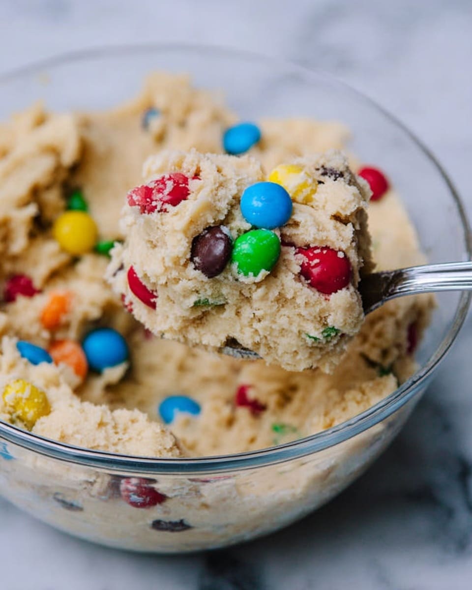 A close-up of a clear glass bowl filled with light beige cookie dough that has a soft, crumbly texture. Mixed inside the dough are colorful candy-coated chocolate pieces in red, green, blue, yellow, brown, and orange, scattered evenly throughout. A metal spoon rests inside the bowl, lifting a scoop of the dough, with candy pieces clearly visible on the scoop. The background features a white marbled texture. photo taken with an iphone --ar 4:5 --v 7