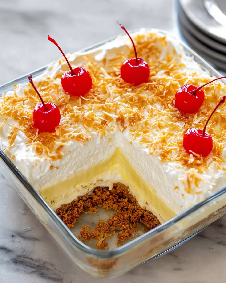 A square glass dish holds a dessert with three distinct layers: at the bottom, a light brown crumb crust, above it a creamy pale yellow layer, topped by a thick white whipped cream layer sprinkled with toasted golden-brown coconut flakes. Four bright red cherries with stems are placed evenly on the top. A portion is missing from one corner, showing the layered interior. The dish is set on a white marbled surface. photo taken with an iphone --ar 4:5 --v 7
