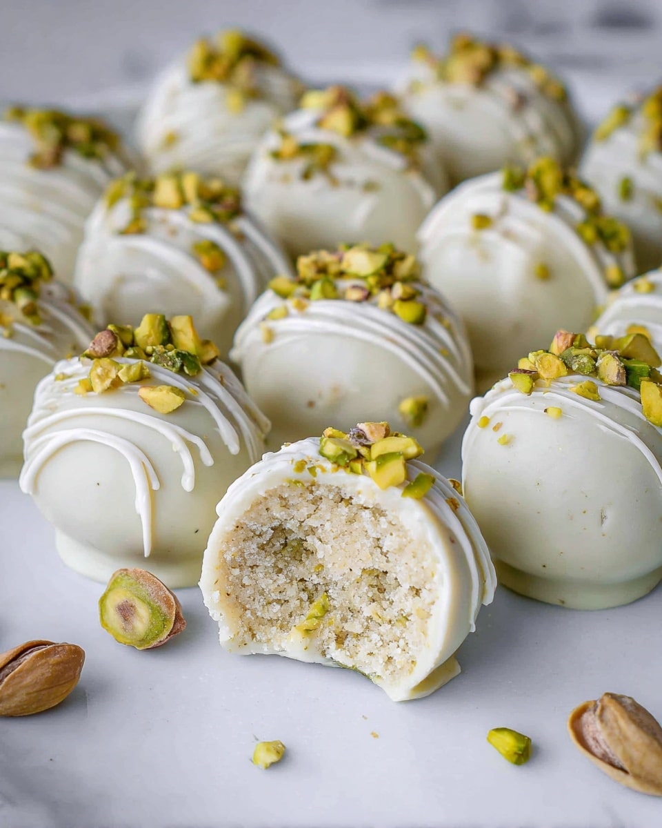 The image shows round white chocolate truffles with a smooth, glossy white coating and delicate white chocolate drizzle on top. Each truffle is decorated with small pieces of green pistachio nuts scattered mainly at the top. One truffle is bitten into, showing a light beige, crumbly, and slightly textured inside layer. The truffles are placed closely together on a white plate, and a few whole pistachios are scattered around the plate. The background is a white marbled texture. photo taken with an iphone --ar 4:5 --v 7