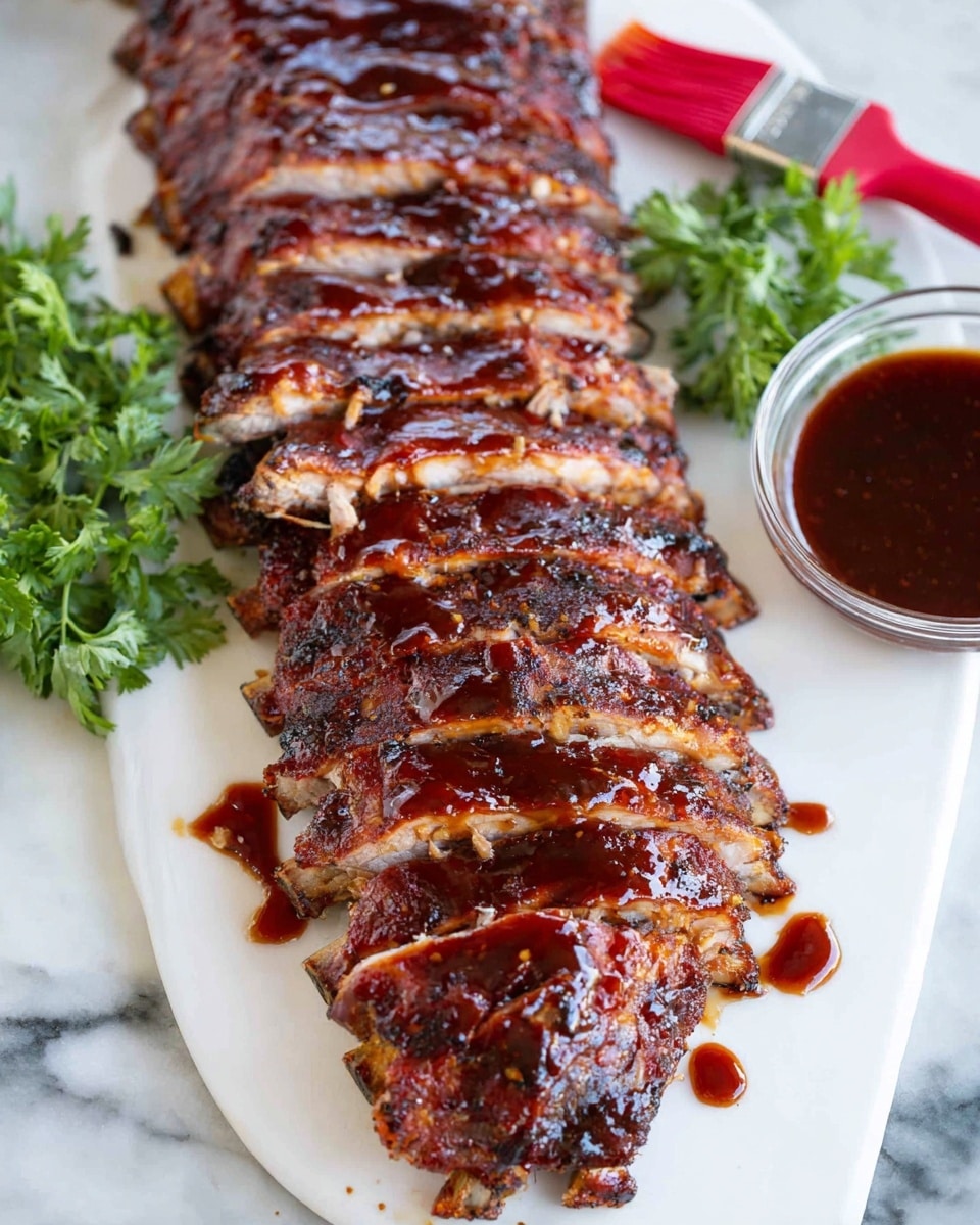 A white plate holds a long rack of sliced ribs arranged lengthwise, each slice showing a tender meat layer covered in a glossy, dark brown barbecue sauce that drips slightly around the edges. The ribs have a well-grilled texture with some charred marks and a juicy interior visible between the slices. To the side, there is a small clear bowl filled with the same dark barbecue sauce and a red brush resting beside it. A bunch of fresh green parsley leaves sits on the white marbled surface next to the plate, adding a touch of vibrant color. The image is bright with clear focus on the ribs, photo taken with an iphone --ar 4:5 --v 7