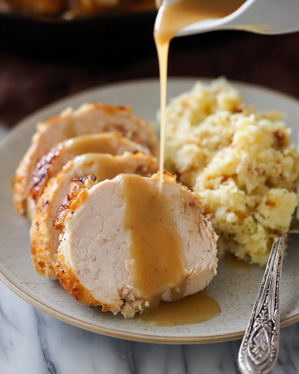 The image shows three thick slices of roasted turkey breast with golden brown skin placed on the left side of a white plate. On the right side of the plate, there is a generous serving of creamy mashed potatoes that are light yellow and textured with small lumps. A smooth, light brown gravy is being poured over the turkey slices, covering the middle piece and slightly dripping onto the mashed potatoes. The plate sits on a white marbled surface, and a silver utensil with a decorative handle is seen beside the plate. Photo taken with an iphone --ar 4:5 --v 7