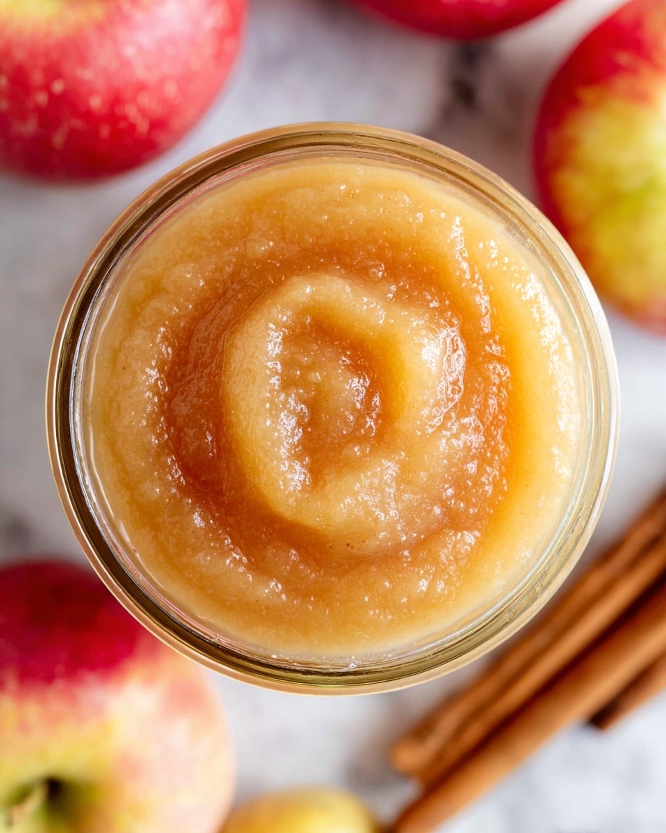 A close-up top view of a jar filled with smooth, thick applesauce that has a soft orange-yellow color with a slightly shiny texture indicating moisture. The applesauce forms a gentle swirl pattern on the top layer. Around the jar on a white marbled surface, there are whole apples in red and yellow shades and some sticks of cinnamon partially visible on the right side. The image conveys a fresh, homemade feel. photo taken with an iphone --ar 4:5 --v 7