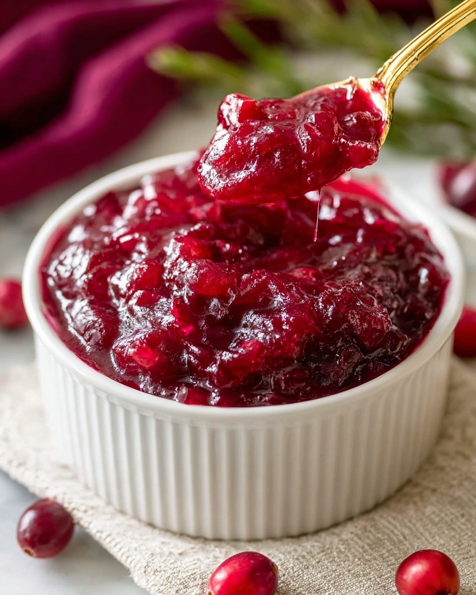 A close-up of a white ribbed bowl filled with thick, chunky cranberry sauce that is bright red and glossy with visible pieces of cranberries, a spoon with a shiny gold handle is scooping some sauce from the top, the bowl is placed on a light-colored textured cloth with a few whole cranberries scattered around, and blurry green herbs and a maroon cloth can be seen in the soft-focused background on a white marbled surface. photo taken with an iphone --ar 4:5 --v 7