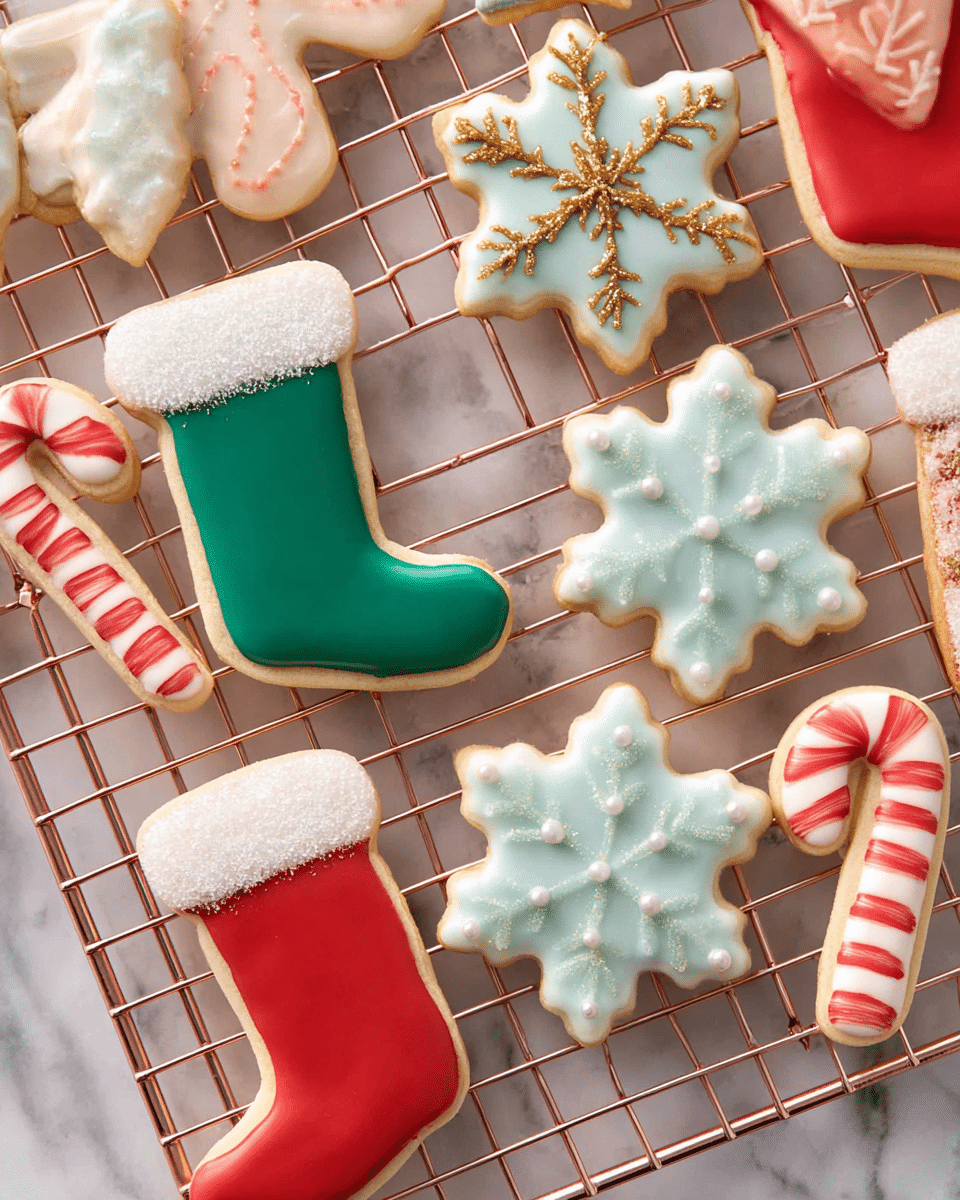 A white scalloped plate with small festive designs like holly leaves, a toy train, and a teddy bear holds five Christmas-themed sugar cookies. At the bottom, a red stocking cookie with a white sugar-coated cuff leans to the right. Next to it on the left is a candy cane with white and green alternating stripes. A white star-shaped cookie is in the middle, touching a pale blue snowflake with a smooth finish that sits behind the stocking. To the right of the snowflake, another candy cane with red and white stripes is placed. The plate lies on a white marbled surface, partially covered by a white cloth decorated with embroidered green holly leaves and red berries. Photo taken with an iphone --ar 4:5 --v 7