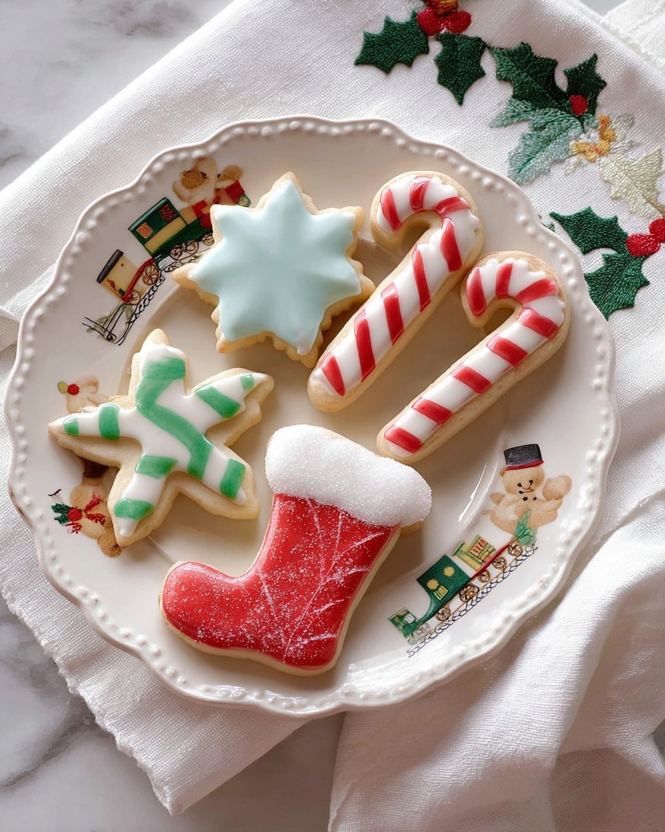 The image shows a collection of Christmas-themed sugar cookies decorated with smooth icing, arranged on a white marbled surface and a rose gold cooling rack. There are several cookie shapes including stockings, snowflakes, and candy canes. The stocking cookies have two icing layers: one solid color base (red or green) and a white cuff layer on top, with one red stocking featuring a layer of coarse white sugar on the cuff. The snowflake cookies have three layers: a pale blue base layer, an intricate golden-brown layer on top, and small pearl-like white icing dots at the tips. The candy cane cookies have alternating thick red and white stripes, with a smooth finish. The colors are bright and festive with a glossy texture on all icing layers. Photo taken with an iphone --ar 4:5 --v 7