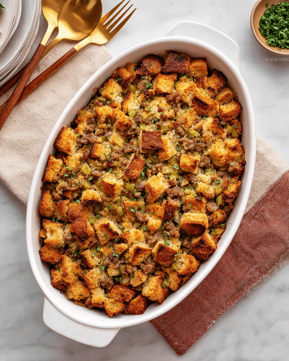 A white oval baking dish filled with a golden-brown baked stuffing, showing about two layers; the top layer is made up of crispy, toasted bread cubes in various shades of golden and light brown with a crunchy texture, scattered with small green herb leaves. Underneath, bits of cooked sausage and softened celery pieces in muted green and beige hues create a textured, moist base. The dish rests on a white marbled surface with a wooden spoon nearby and two gold forks on a beige and red cloth to the side. A small bowl with some green herbs is partially visible in the top right corner. photo taken with an iphone --ar 4:5 --v 7