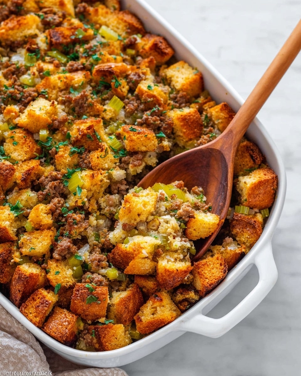 The image shows a white baking dish filled with a golden brown baked stuffing. The stuffing has chunky, toasted bread pieces on top with a crispy texture, mixed with small bits of cooked ground meat and diced celery. The green herbs are scattered throughout the dish, adding a fresh touch. A wooden spoon rests inside the dish, scooping up a portion of the stuffing, showing its soft inside with bread, meat, and vegetable layers. The dish is set on a white marbled surface. photo taken with an iphone --ar 4:5 --v 7