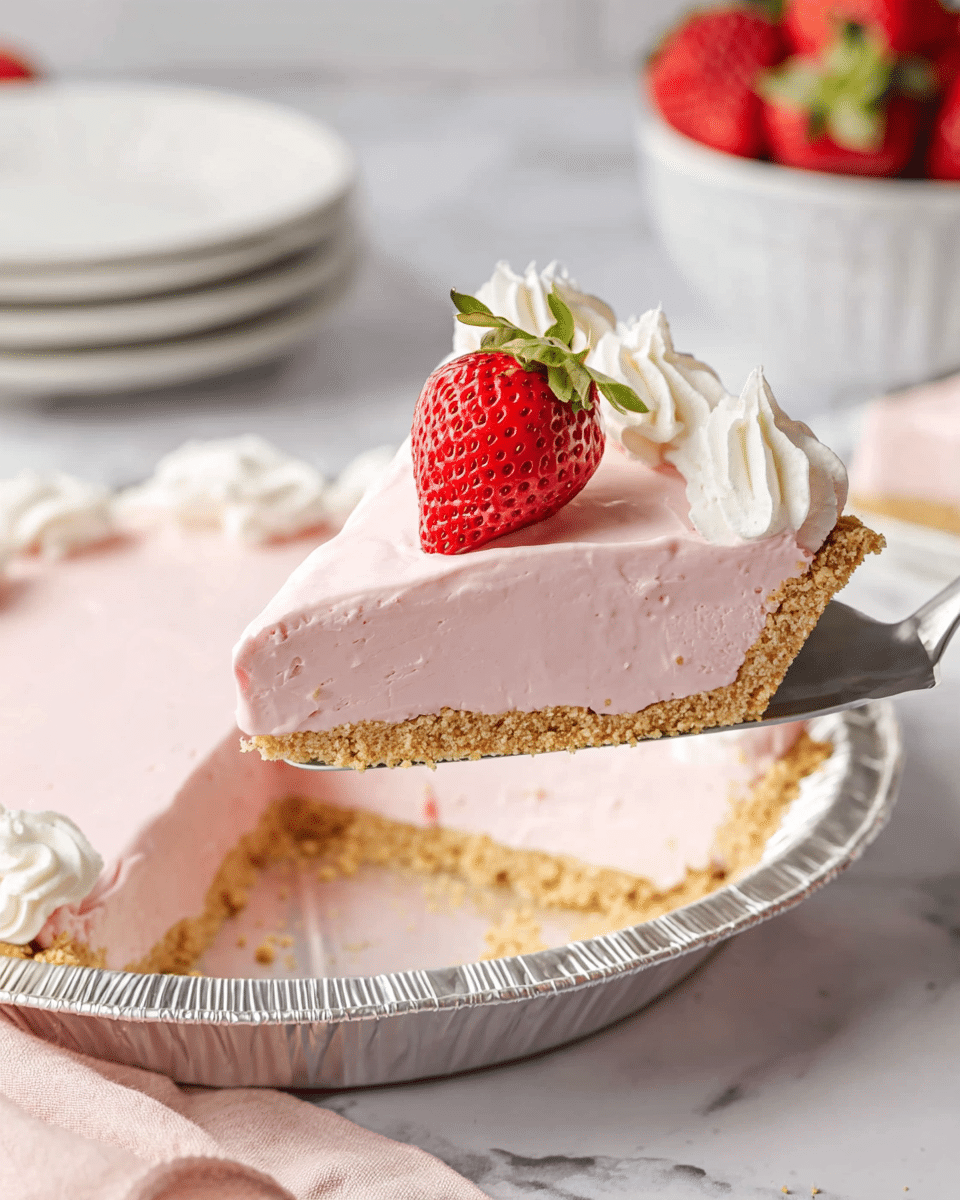 A slice of a pink strawberry cream pie is lifted above a foil pie pan resting on a white marbled surface, showing three distinct layers: a crumbly golden-brown crust at the bottom, a thick smooth pale pink cream filling in the middle, and a slightly lighter pink creamy top layer. The slice is decorated near the tip with small dollops of white whipped cream and a fresh bright red strawberry half with green leaves, placed in the center. In the background, there are white plates stacked on the left and a white bowl filled with whole strawberries on the right, partially blurred. photo taken with an iphone --ar 4:5 --v 7
