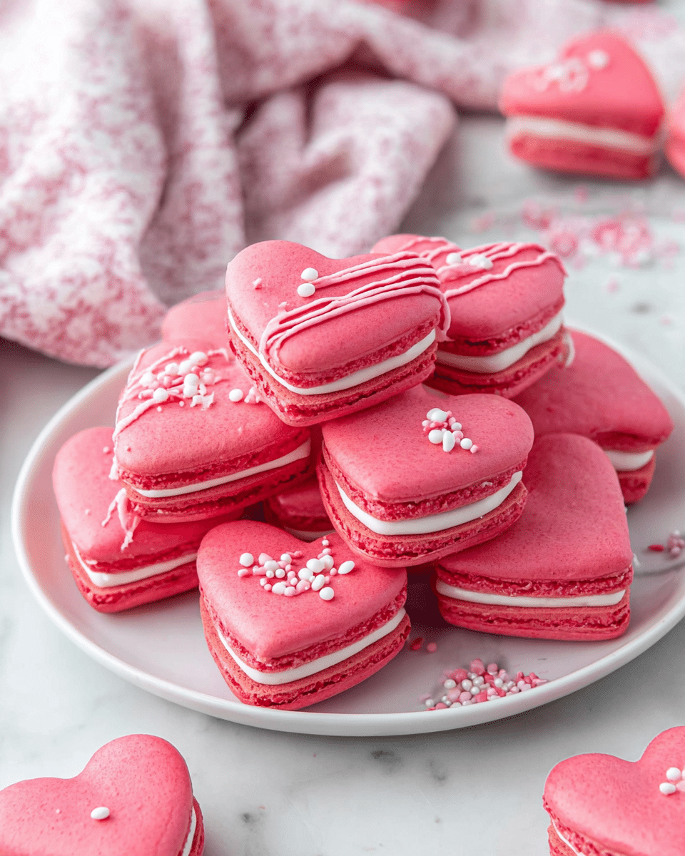 The image shows several heart-shaped pink macarons with two main layers: a smooth, bright pink outer shell and a white creamy filling. Some macarons have a decoration of thin pink icing lines across the top layer, sprinkled with small round candy pearls in white, light pink, and dark pink. The macarons are placed on a white marbled surface. In the top right corner, there is a white bowl filled with the same small candy pearls, some of which are scattered around. photo taken with an iphone --ar 4:5 --v 7